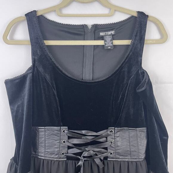 Hot Topic Black Velvet Bell Sleeve Cold Shoulder Dress Corset Faux Leather Small - Picture 6 of 12